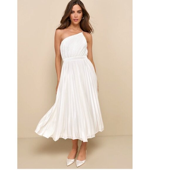 Lulus Alluring Marvel Ivory Pleated Ivory Satin One-Shoulder Midi Dress XS NWT - Picture 5 of 13